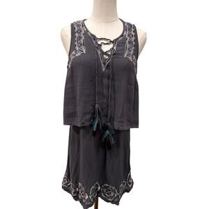 Davina Gray Embroidered Tassel Boho Midi Dress M Festival Gypsy Peasant Cottage
